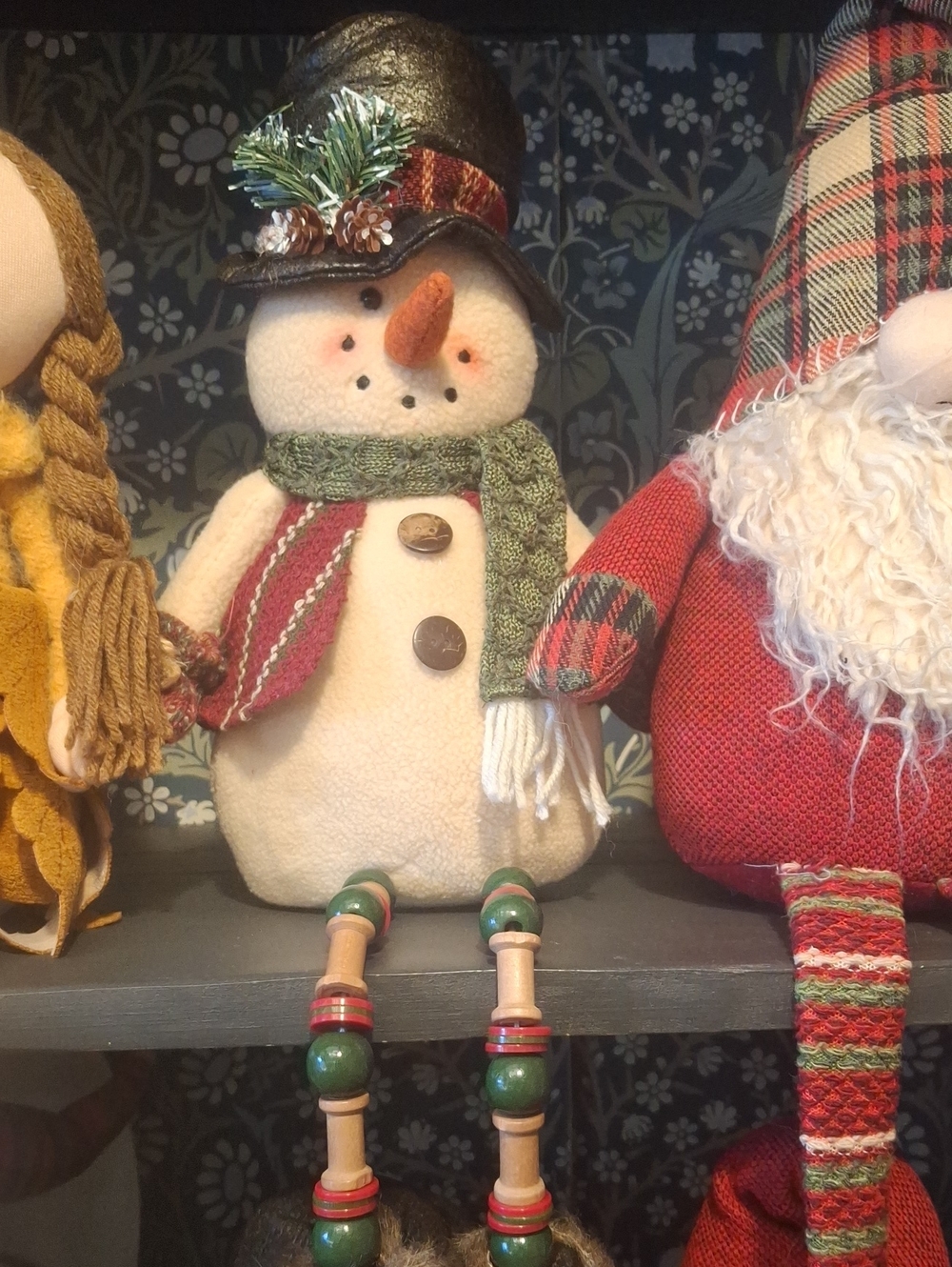 Snowman Holiday Plush Decor with Green Scarf and Black Hat